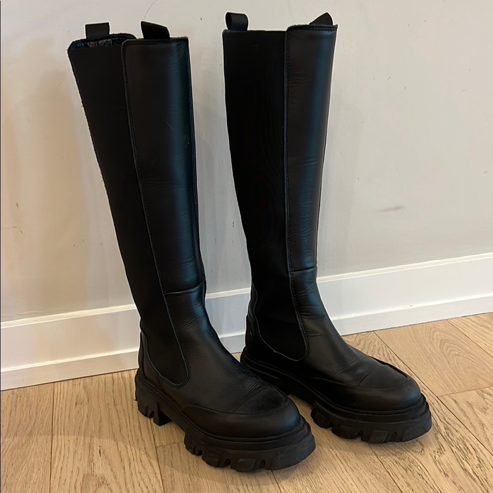 Ganni cleated black knee high Chelsea boot size 38